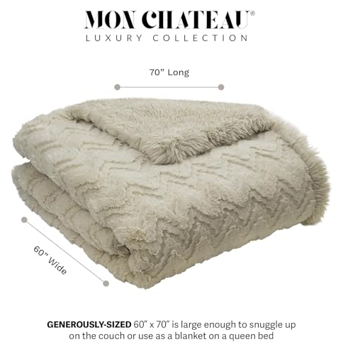 Mon Chateau 60" x 70" Crest Faux Fur Throw, Sandstone Jacquard | Cozy Layer Comfort For Couch, Bed Or Chair. Lightweight Polyester Fabric With Easy Machine Wash Care - color: Sandstone Jacquard