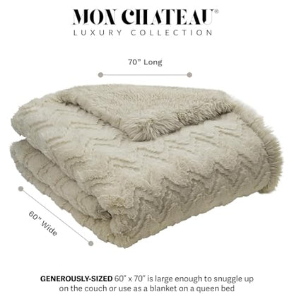 Mon Chateau 60" x 70" Crest Faux Fur Throw, Sandstone Jacquard | Cozy Layer Comfort For Couch, Bed Or Chair. Lightweight Polyester Fabric With Easy Machine Wash Care - color: Sandstone Jacquard