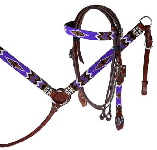 Pony Leather Headstall and Breast Collar Set Color Beaded with Gold & Black Beaded Overlay and Cross - color: Purple