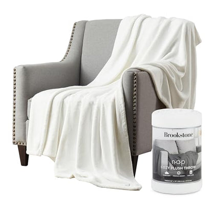 Brookstone Nap Plush Throw Blanket for Couch | Warm & Super Soft Blanket with Unmatched Heavy, Dense, and Ultra-Comfy Throw | Luxurious Drape, Cozying Up on a Sofa, Chair | White - color: White