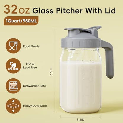 JunVpic Breast Milk Pitcher, 32 oz Wide Mouth Glass Mason Jar with Lid - color: Gray, size: 32 Ounces