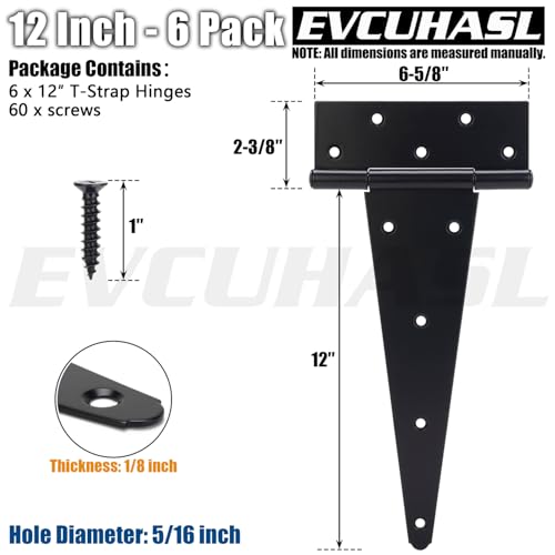 12 Inch T-Strap Gate Hinges, Shed Barn Door Hinges Heavy Duty, Black Tee Hinges for Wooden Fences, Yard Gate, Wrought Hardware Iron Rustproof (6 Pack/Set) - size: 12 Inch