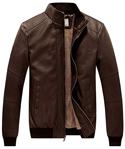 WenVen Men's Stand Collar Fleece Lined Faux Leather Jacket Warm Winter Coat | Bomber Outerwear - color: Brown, size: X-Large