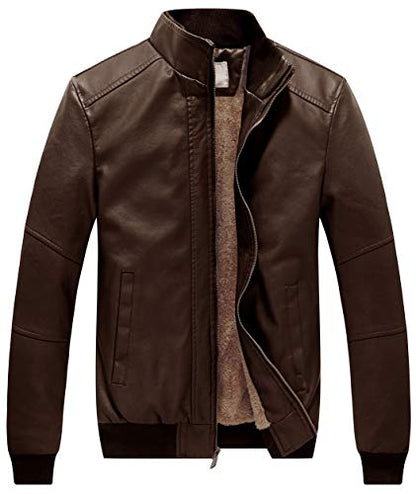 WenVen Men's Stand Collar Fleece Lined Faux Leather Jacket Warm Winter Coat | Bomber Outerwear - color: Brown, size: X-Large