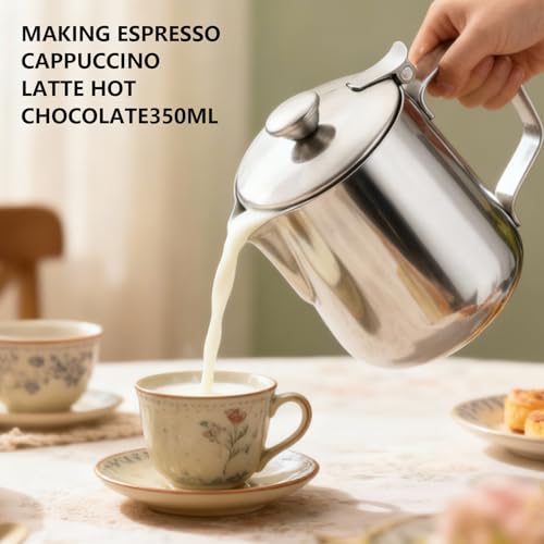Stainless Steel Milk Frothing Pitcher with Lid 350ml, Coffee Frother Cup for Espresso Cappuccino Latte Hot Chocolate, Dripless Pour Spout Ergonomic Handle for Home Office Cafe Kitchen