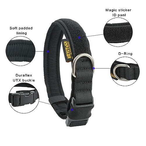 EXCELLENT ELITE SPANKER Tactical Nylon Padded Medium Dog Collar Adjustable | Heavy Duty Military Pet Collar Soft & Lightweight Quick-Release Buckle No-Choke for Medium and Large Breeds with Patches - color: Black, size: S-(13.2"-17.5")
