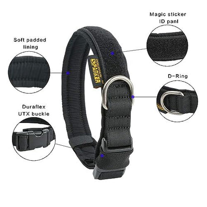 EXCELLENT ELITE SPANKER Tactical Nylon Padded Medium Dog Collar Adjustable | Heavy Duty Military Pet Collar Soft & Lightweight Quick-Release Buckle No-Choke for Medium and Large Breeds with Patches - color: Black, size: M-(15.4"-19.3")