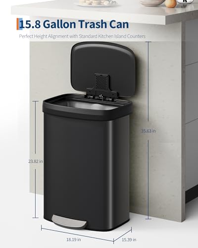 Garvee 16 gal / 60 L Metal Trash Can with Lid, Large Garbage Can for Kitchen, Rustproof Step-on Kitchen Metal Trash Bin with Liner Rim, Rear Handle, Soft Close Plastic Lid, Black - color: Black, size: 15.8 Gallons