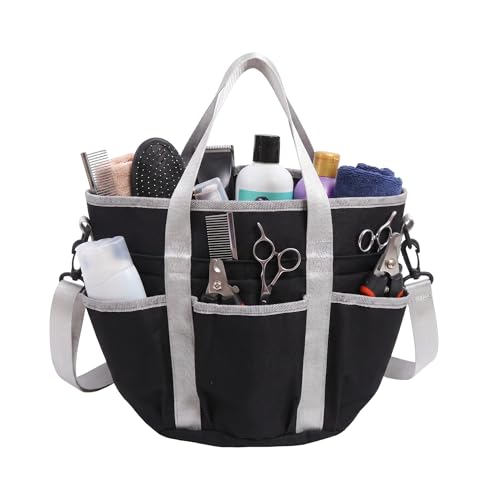Horse Grooming Tote Bag with 6 Pockets & Drawstring Closure, Portable Grooming Bag for Horses, Waterproof Tack Bag with Shoulder Strap for Horse Grooming Supplies, Equestrian Grooming Kit Organizer
