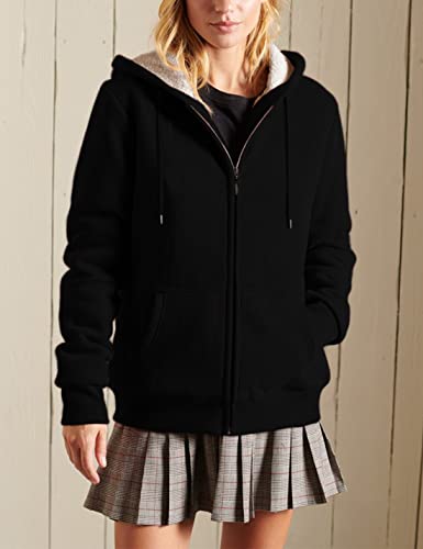 Women’s Casual Full Zip Up Sherpa Lined Hoodie Sweatshirt Jacket Coat - color: Black, size: XX-Large
