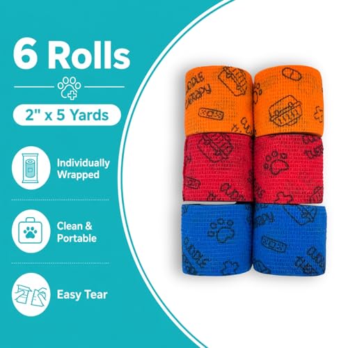 Dog Bandage Wrap, 6 Rolls 2" x 5 yd Med Print Pet Tape - color: PE-6ROLL-2IN