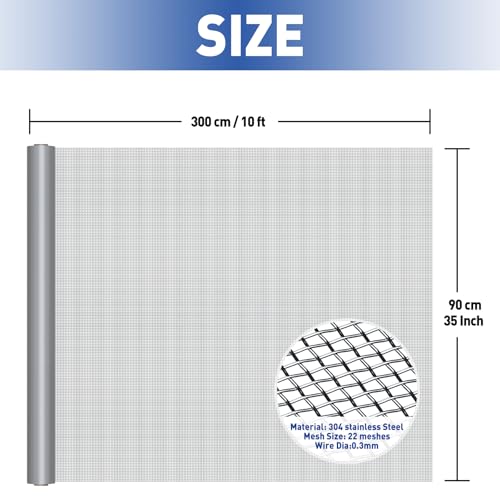 MAGZO 304 Stainless Steel Mesh Window Screen Roll 35in x 10ft - 22 Mesh - color: Silver, size: 35IN x 10FT