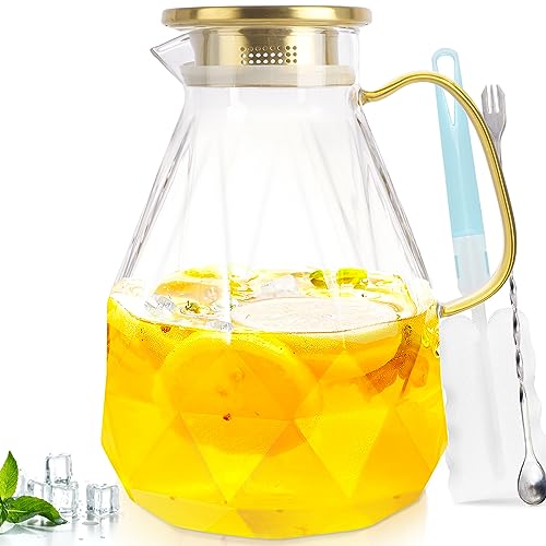 Glass Pitcher, 3 Liter Water Pitcher With Lid | Iced Tea Pitcher for Fridge, Glass Water Carafe With Lid, Glass Water Jug, Large Drink Pitcher For Juice, Milk, Cold Or Hot - size: 3.0 liters