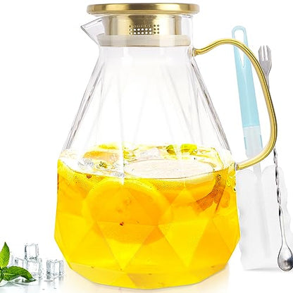 Glass Pitcher, 3 Liter Water Pitcher With Lid | Iced Tea Pitcher for Fridge, Glass Water Carafe With Lid, Glass Water Jug, Large Drink Pitcher For Juice, Milk, Cold Or Hot - size: 3.0 liters