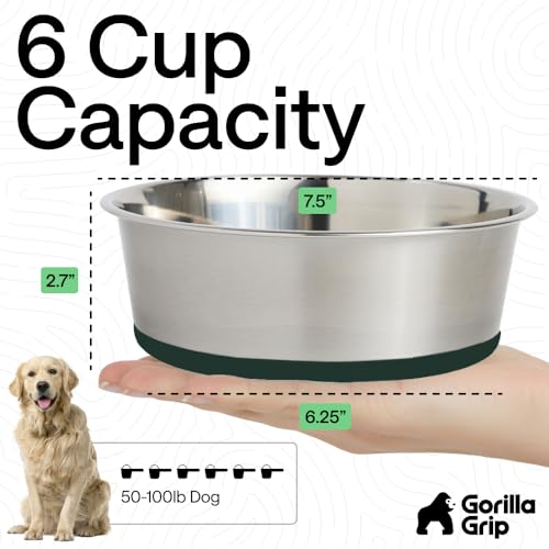 GORILLA GRIP Dog Bowls, Food Grade Stainless Steel, Set of 2, 6 Cup, Green | 304 Stainless Steel Pet Feeding Bowls Hold 48 fl oz Each, Dishwasher Safe, Rust Resistant, BPA Free Rubber Base - color: Hunter Green, size: 6 Cup (48 Oz)