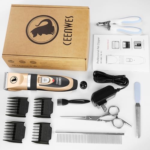 Ceenwes Dog Clippers Low Noise Pet Clippers Rechargeable Trimmer Cordless Grooming Tool Professional Dog Hair Trimmer with Comb Guides Scissors for Dogs Cats & Others（Gold）
