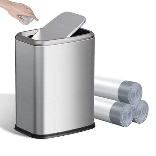 8L/2.1 Gal Small Bathroom Trash Can with Lid, Swing-Top Rectangular Waste Bin, Stainless Steel Garbage Can for Home, Office, Toilet, Bedroom, Living Room (Silver) - color: Silver