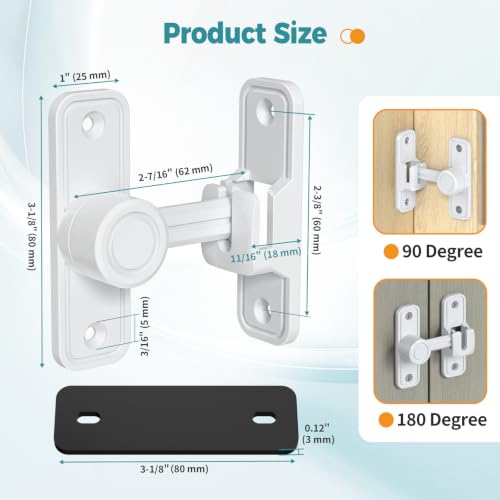 Barn Door Lock 2.4" 90/180 Flip Gate Latch, White 1-Pack - color: White-1 Pc