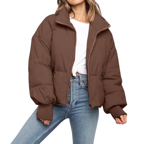 SXGYH Women’s Winter Cropped Puffer Jacket Coat Casual Quilted Baggy Long Sleeve Zip Down Jackets Outerwear - color: Coffee, size: XX-Large