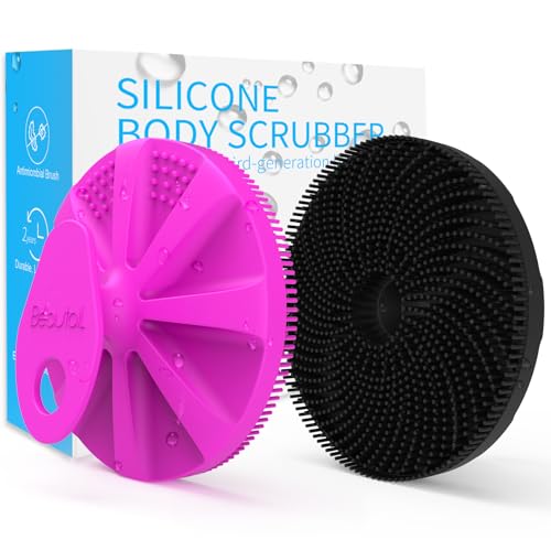Silicone Body Scrubber, BEAUTAIL Gentle Exfoliating Brush for All Skin Type | Lather Well Shower Scrubber for Body, Bath Essentials for Women, Men & Kids, Hygienic Silicone Loofah. 2-Pack, Purple+Black - color: Type3-purple+black 2 Pcs