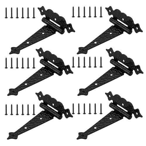 WellMade Black Gate Hinges,6 in Decorative Hammered Steel T Hinges,Outdoor Tee Hinges for Shed Storage Fence Barns Doors (6 Pack) - size: 6 Pack