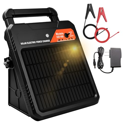 10 Miles Solar Electric Fence Charger 0.16J Output Fence Energizer with Front Visible Switch Design, Peak 8.1KV Output 2.5KV Under Load Portable Solar Fence Charger for Livestock Defense - size: 10 Miles