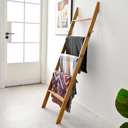 FUIN Blanket Ladder, 58in Rustic Solid Wood with Side Hangers Decor Rack