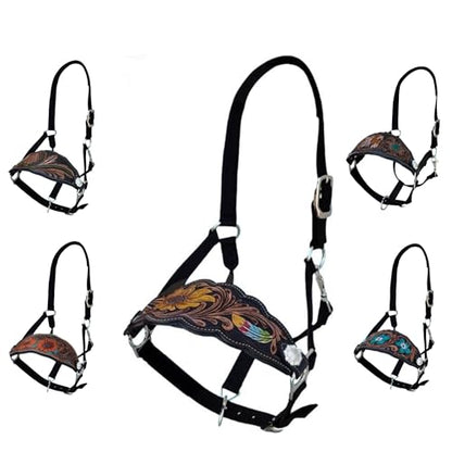 Majestic Ally Equestrian Designer Bronc Halter for Horses, Hand-Tooled Leather Nose, Padded Nylon Crown and Noseband - style: Yellow Sunflower