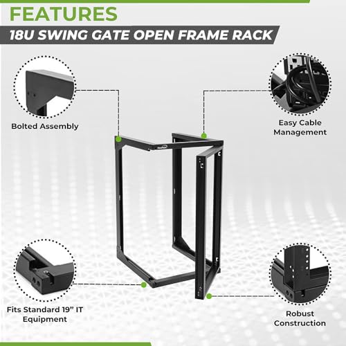 NavePoint 18U Server Rack with Swing Gate - Wall Mount Rack for 19 Inch IT Equipment Open Frame Rack – Network Rack Wall Mount for AV & Server Equipment 18” Deep Rack, Black - size: 18U - 18in Deep