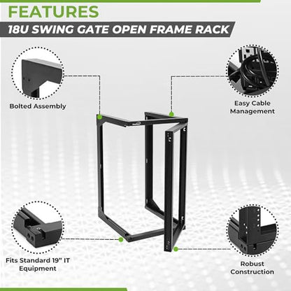 NavePoint 18U Server Rack with Swing Gate - Wall Mount Rack for 19 Inch IT Equipment Open Frame Rack – Network Rack Wall Mount for AV & Server Equipment 18” Deep Rack, Black - size: 18U - 18in Deep