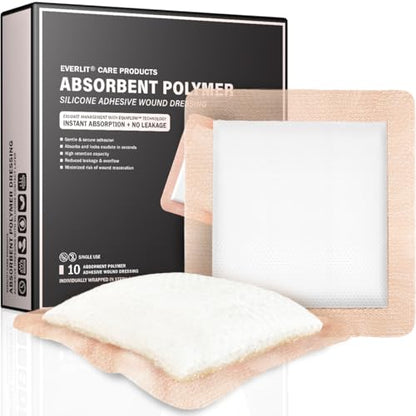 EVERLIT Silicone Super Absorbent Dressing | Sterile Adhesive Bandage Pad for High Absorbency & Reduced Skin Maceration | Fast Healing Advanced Wound Care for Heavily Exudating Wound (6" x 6") - size: 6" x 6"