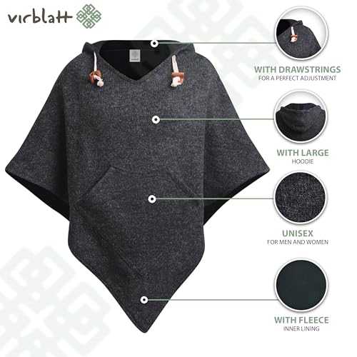 virblatt - Poncho Men & Women | Wool & Fleece | Unisex Hooded Winter Poncho - color: Grey, size: XX-Large