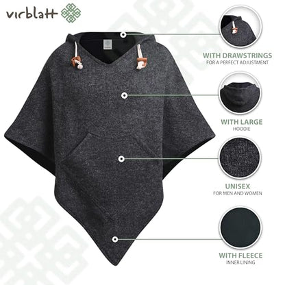 virblatt - Poncho Men & Women | Wool & Fleece | Unisex Hooded Winter Poncho - color: Grey, size: XX-Large
