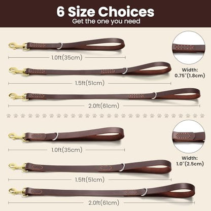 Leather Dog Leash, Strong Traffic Pet Short Lead & Heavy Duty Metal Hook for Training and Walking. (2.0ft L x 2.5cm W) - size: 2.0 ft L x 1.0 in W