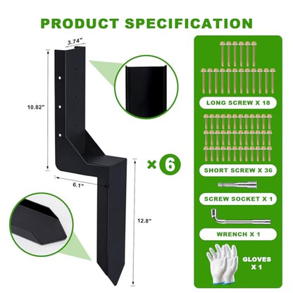 6-Pack 3.74" Width Fence Post Repair Kit, 24in Total Length Heavy Duty Ground Spike Anchor for Wooden Post Repairing Tilted/Broken Posts Metal Brackets - size: 4'' 6 Pack