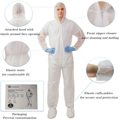 Hazmat Suits,10 Colors Options Disposable Protective Coveralls, Paint Suit with Elastic Wrists Ankles and Hood - color: 2 Pack White, size: X-Large