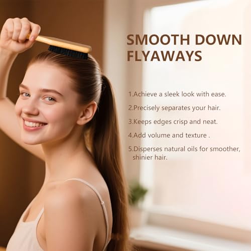 SWEET VIEW Boar Bristle Slick Back Hair Brush | Smooth Flyaways, Frizz, Sleek Ponytail, Buns and Edge Baby Hair, Gel Comb Styling Accessories for Girls, Kids and Women - color: Wood Color