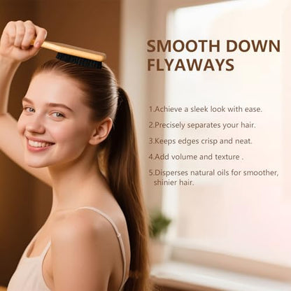 SWEET VIEW Boar Bristle Slick Back Hair Brush | Smooth Flyaways, Frizz, Sleek Ponytail, Buns and Edge Baby Hair, Gel Comb Styling Accessories for Girls, Kids and Women - color: Wood Color