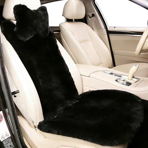 OGLAND Black Fuzzy Sheepskin Car Seat Cover | Soft Natural Fur Wool Cushion - color: Black