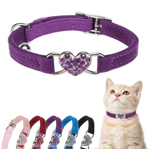 BINGPET Diamond Cat Collar with Bell, Adjustable Kitten Collar, Purple - color: Purple(Heart), size: Neck Girth 8"-10"