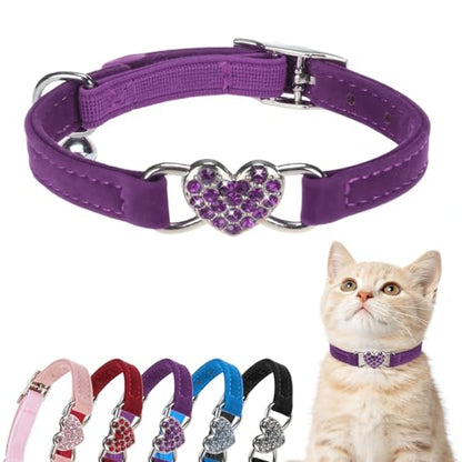 BINGPET Diamond Cat Collar with Bell, Adjustable Kitten Collar, Purple - color: Purple(Heart), size: Neck Girth 8"-10"