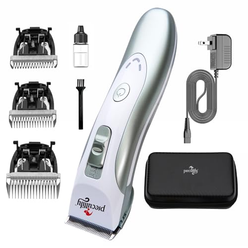 Dog Grooming Clippers Kit, Professional Heavy Duty Pet Trimmers with 4 Blades (1/3/6/9mm), Low Noise High Power Rechargeable Cordless for Small & Large Dogs Cats