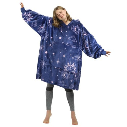 Catalonia Oversized Blanket Hoodie, Astrology Print Fleece Wearable Blanket - color: Astrology Navy