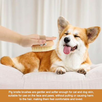 Soft Boar Bristle Pet Palm Brush for Short Haired Dogs and Cats, Ergonomic Pet Brush with Band, Natural Bristle Grooming Brus-h for Gentle Massage/Reduces Shedding(COLOR:Wood)