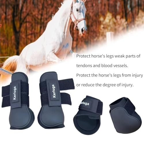 Horse Boots Set of 4, Open Front Tendon & Fetlock Boots for Horses, Shock Absorbing Equine Leg Protection with Secure Fit for Jumping, Riding and Training (Black, Full)