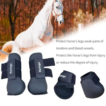 Horse Boots Set of 4, Open Front Tendon & Fetlock Boots for Horses, Shock Absorbing Equine Leg Protection with Secure Fit for Jumping, Riding and Training (Black, Full)