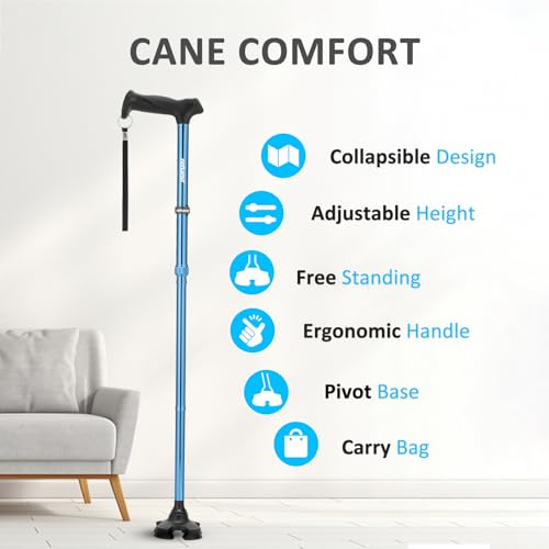 REHAND Walking Cane for Men & Women - Foldable, Adjustable, Lightweight, Self Standing Pivot Walking Cane, Soft Handle Grip, with Travel Bag, Walking Sticks for Seniors & Adults - color: Blue