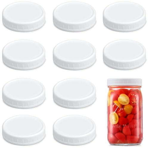 AOZITA [10 Pack] WIDE Mouth Mason Jar Lids for Ball, Kerr and More - White Plastic Storage Caps for Mason/Canning Jars - Leak-Proof, Dishwasher Safe & Food Grade - size: 10 Wide Mouth