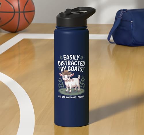 Easily Distracted by Goats Cute Coat Pygmy Goat Farmer Stainless Steel Insulated Water Bottle - color: Navy Blue