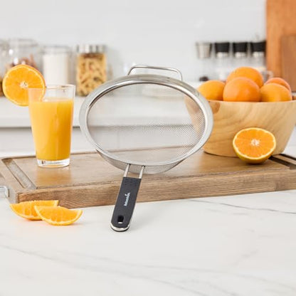 Restaurantware Fine Mesh Strainer 1 Count 15" x 7.8" x 3" with Silicone Handle Stainless Steel Extra Fine Mesh Strainer Heat-Resistant Handle Dishwasher-Safe for Rice, Quinoa, Pasta - size: Standard, Extra Fine Mesh-7 3/4"